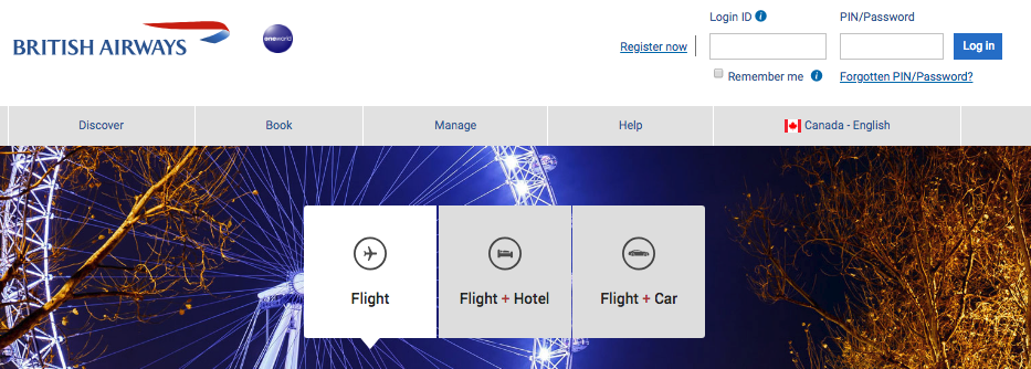 British Airways .com main page