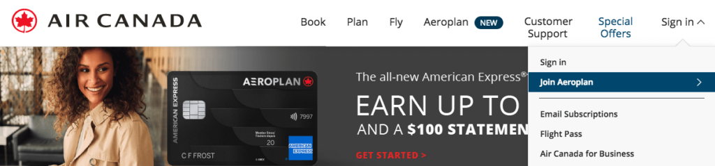 Join Aeroplan link on Air Canada's main page