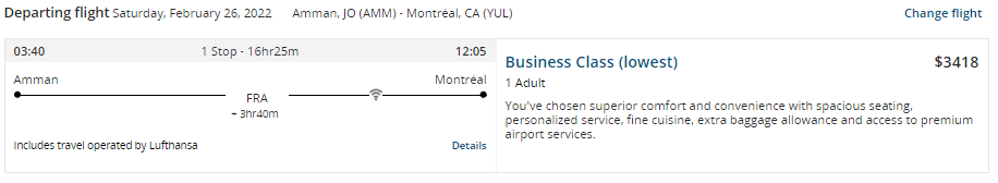 Air Canada business class one-way fare Amman to Montreal
